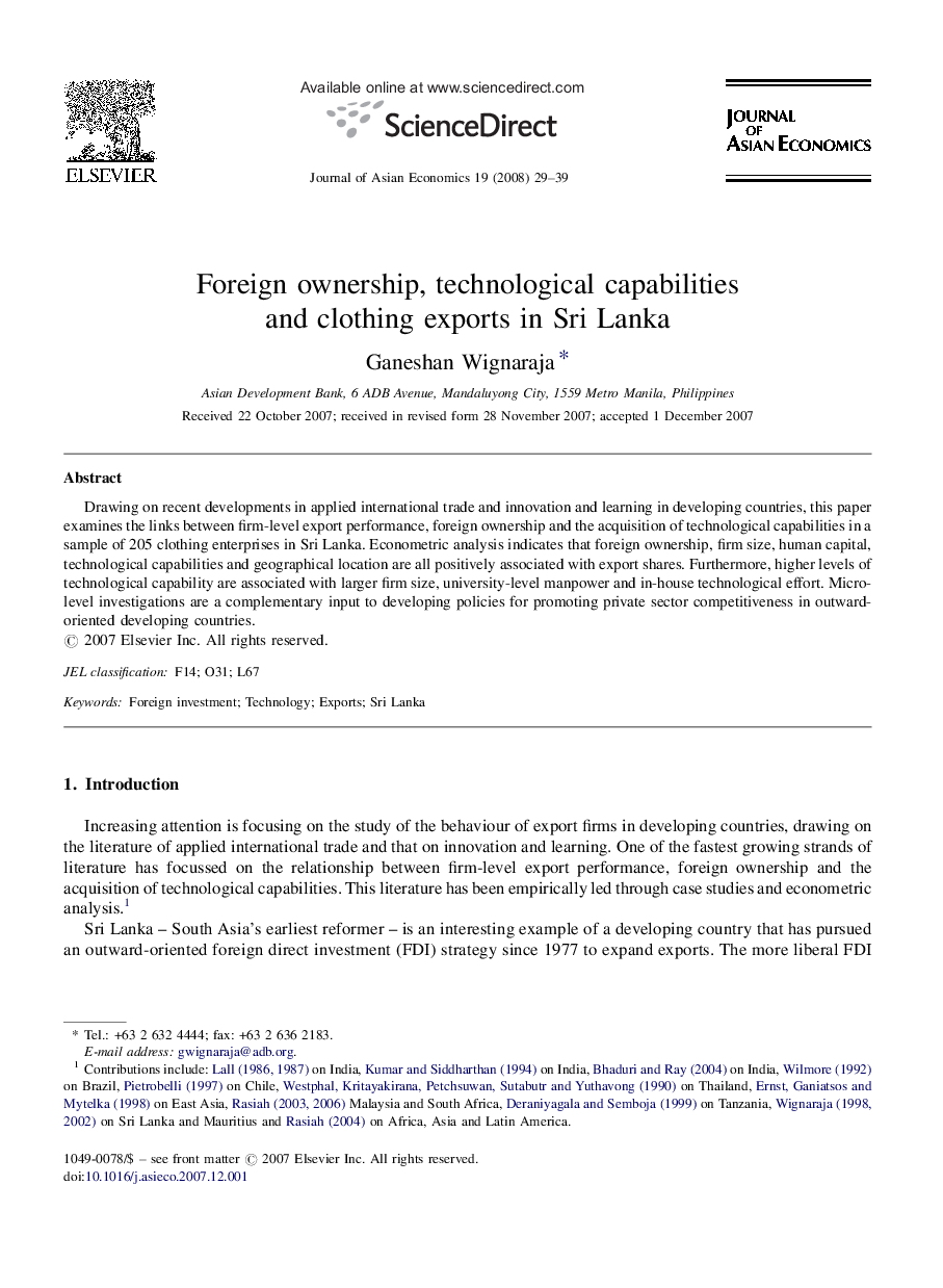 Foreign ownership, technological capabilities and clothing exports in Sri Lanka