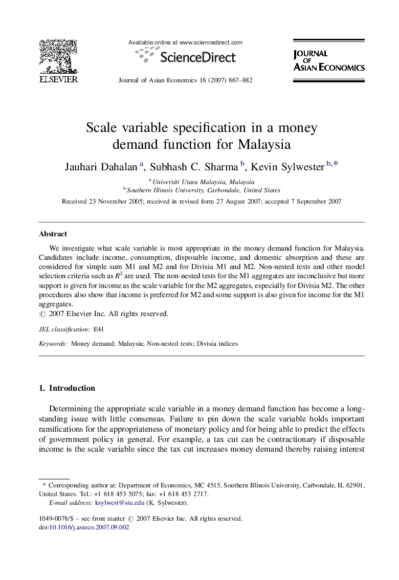 Scale variable specification in a money demand function for Malaysia