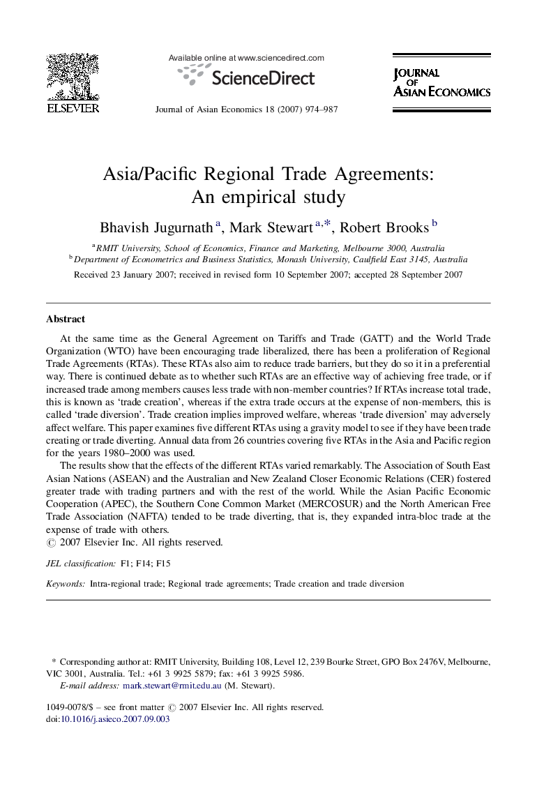 Asia/Pacific Regional Trade Agreements: An empirical study