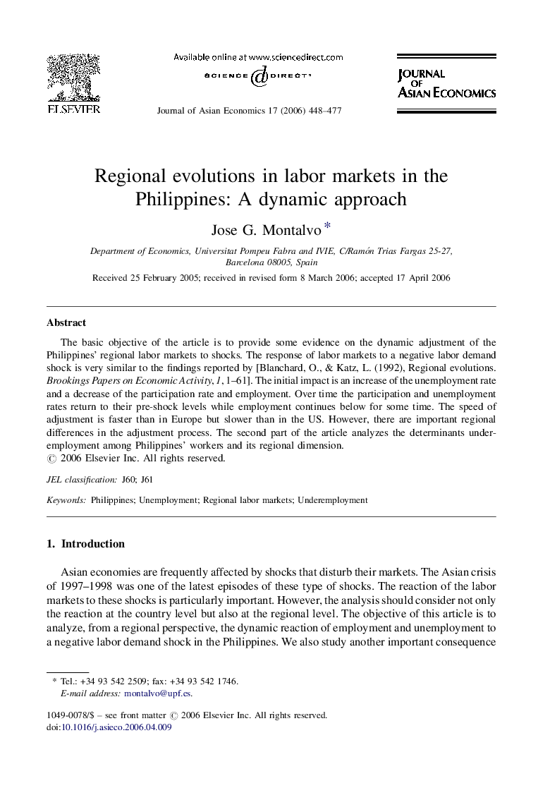 Regional evolutions in labor markets in the Philippines: A dynamic approach