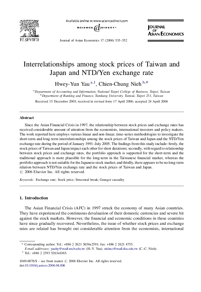 Interrelationships among stock prices of Taiwan and Japan and NTD/Yen exchange rate