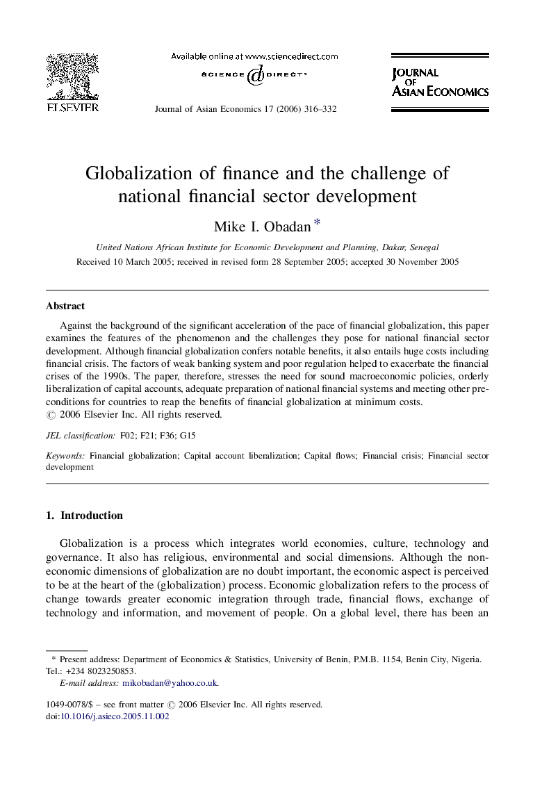 Globalization of finance and the challenge of national financial sector development