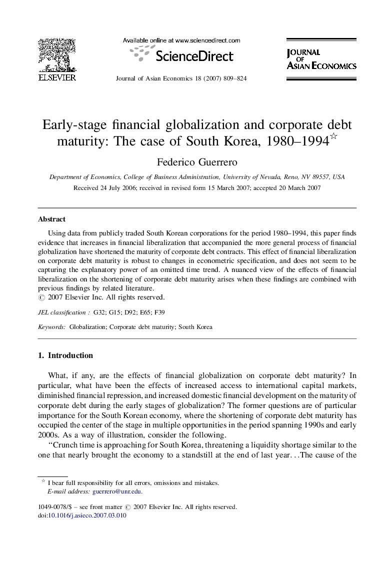 Early-stage financial globalization and corporate debt maturity: The case of South Korea, 1980-1994