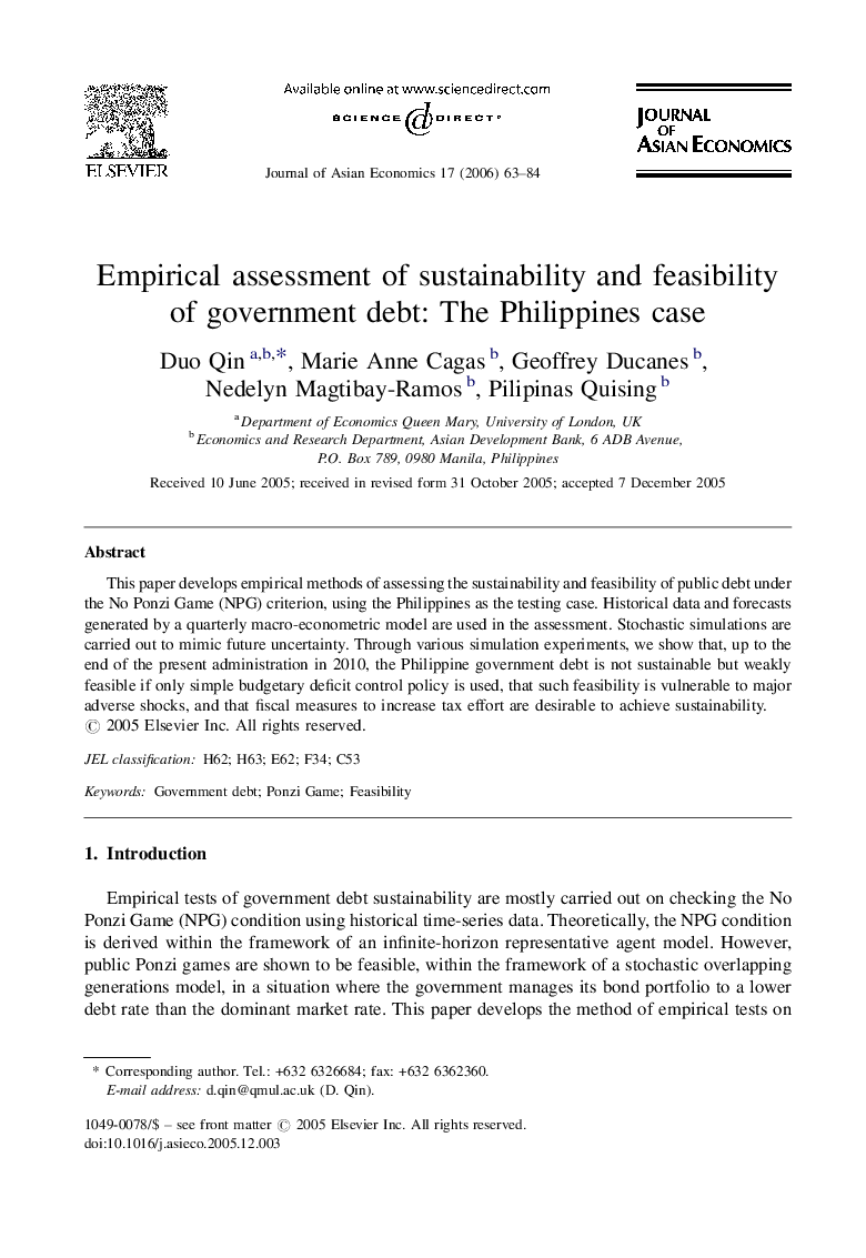 Empirical assessment of sustainability and feasibility of government debt: The Philippines case
