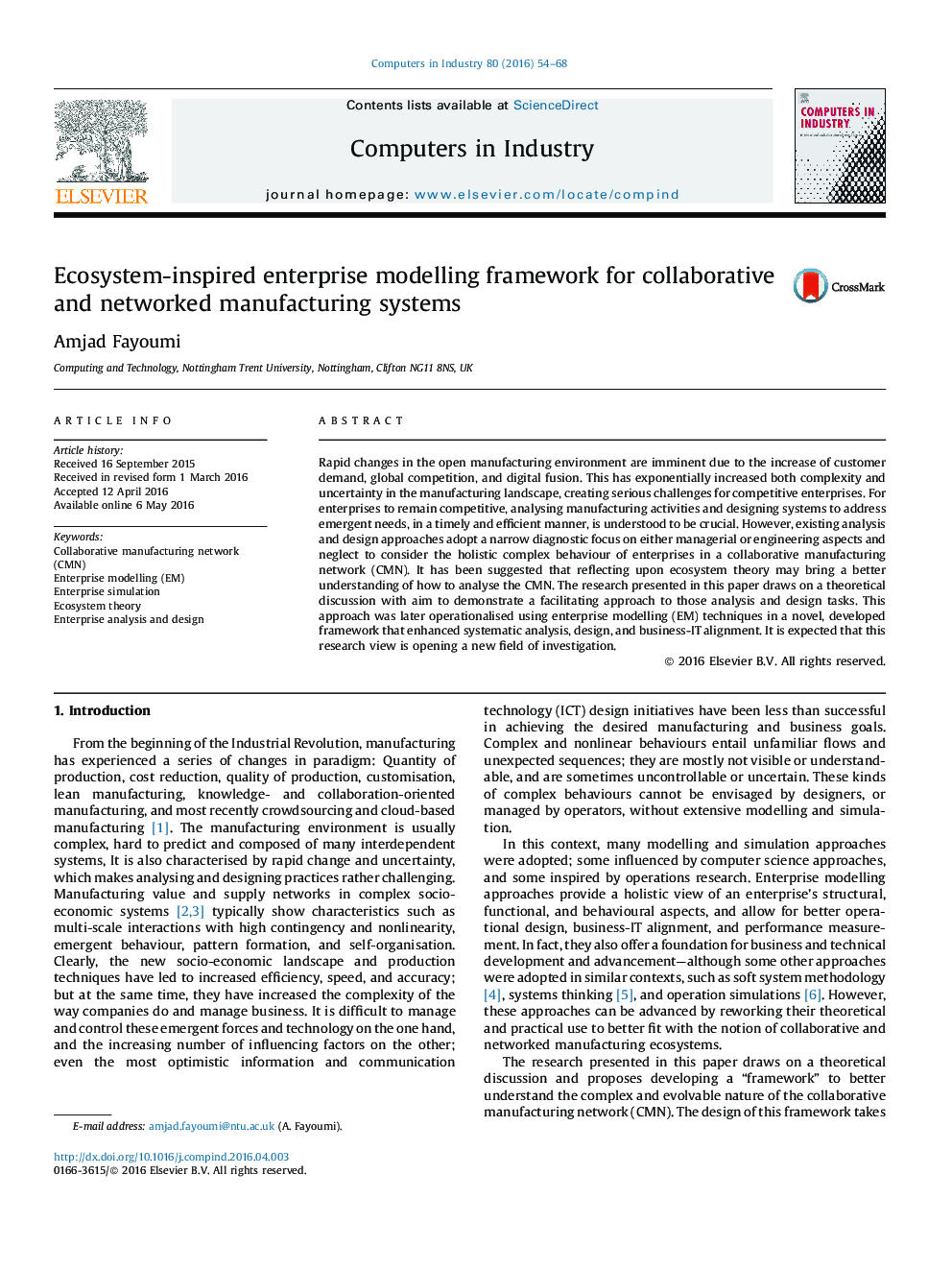Ecosystem-inspired enterprise modelling framework for collaborative and networked manufacturing systems