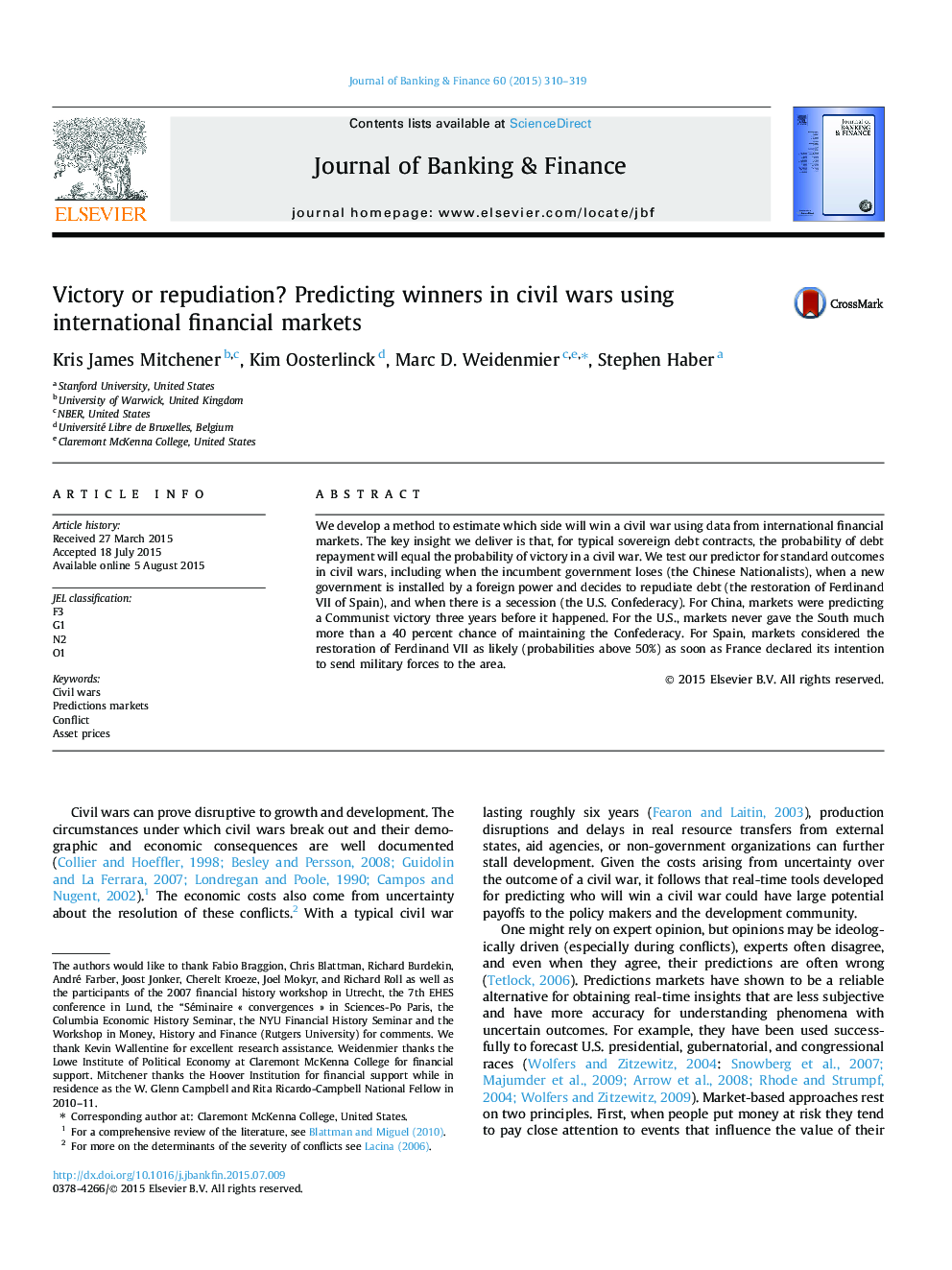 Victory or repudiation? Predicting winners in civil wars using international financial markets