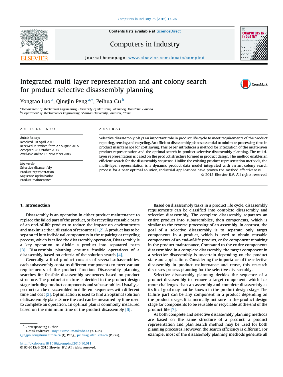 Integrated multi-layer representation and ant colony search for product selective disassembly planning