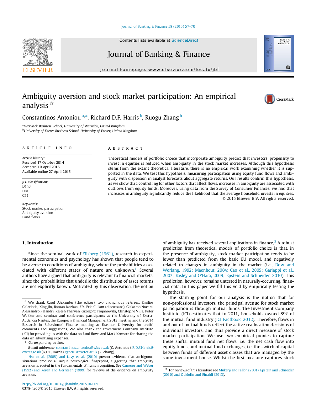 Ambiguity aversion and stock market participation: An empirical analysis