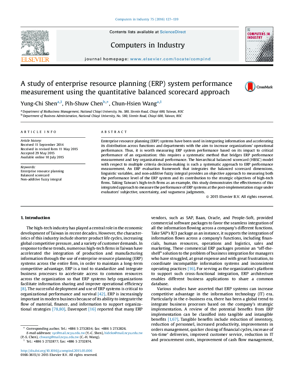 A study of enterprise resource planning (ERP) system performance measurement using the quantitative balanced scorecard approach