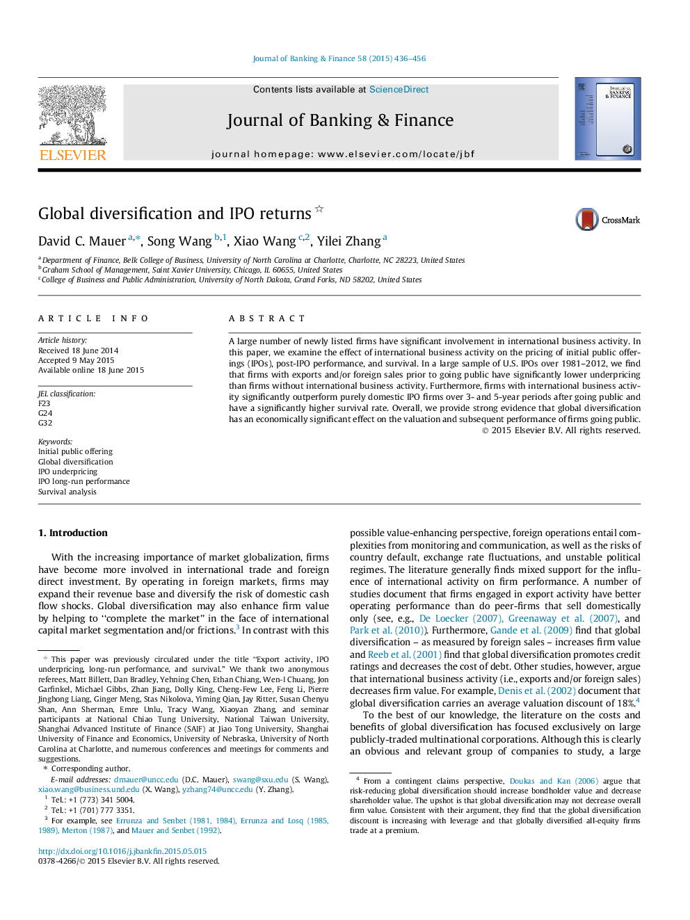 عکس صفحه اول مقاله: Global diversification and IPO returns Global diversification and IPO returns