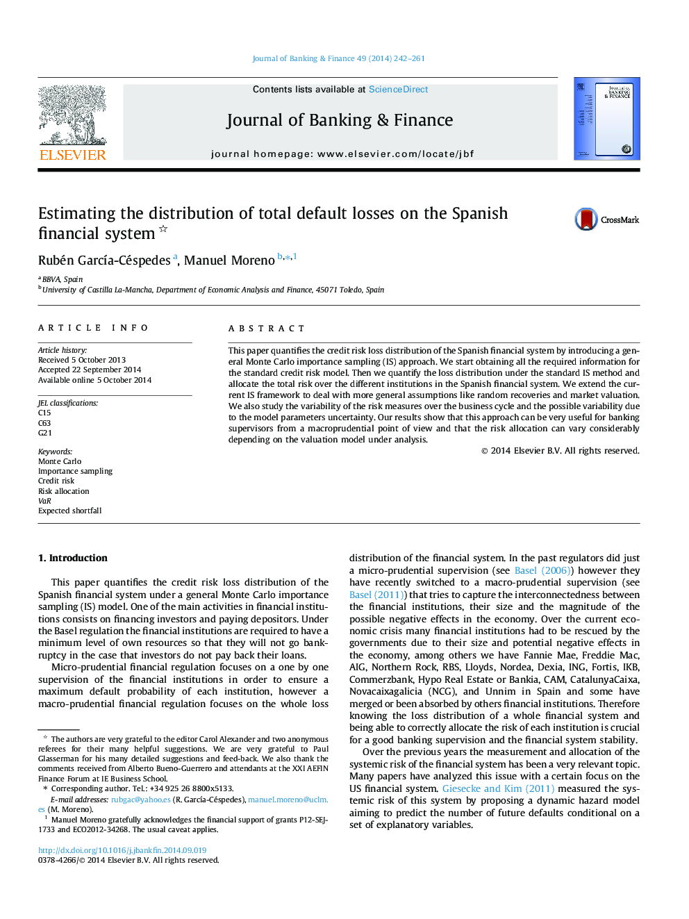 Estimating the distribution of total default losses on the Spanish financial system