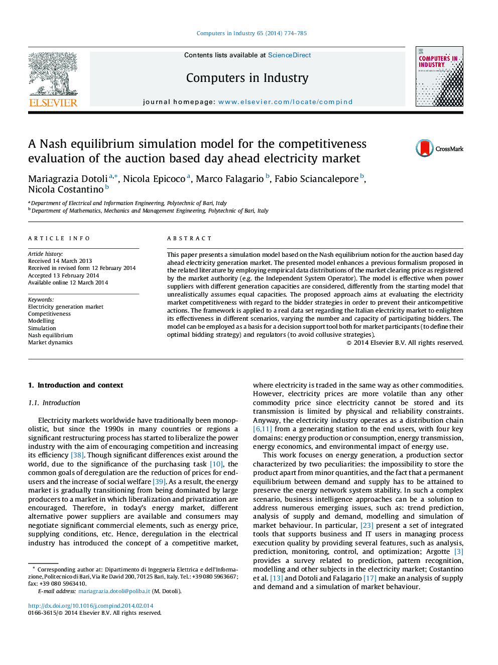 A Nash equilibrium simulation model for the competitiveness evaluation of the auction based day ahead electricity market