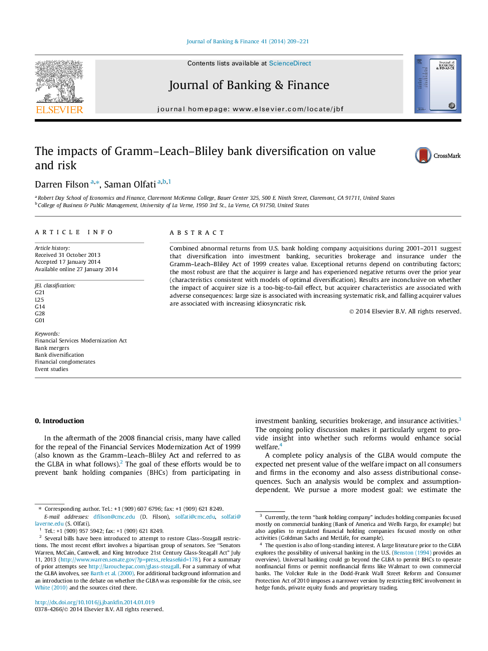 The impacts of Gramm-Leach-Bliley bank diversification on value and risk