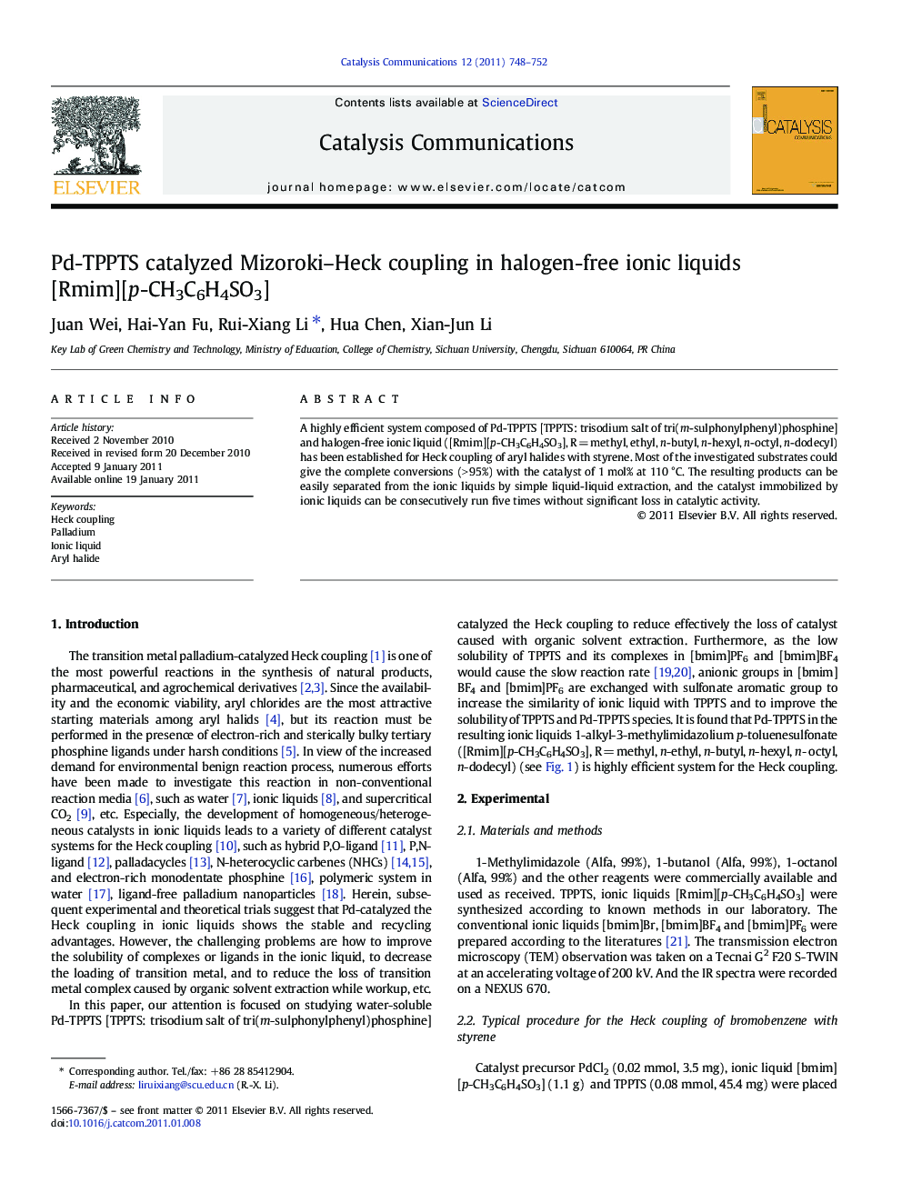 Pd-TPPTS catalyzed Mizoroki–Heck coupling in halogen-free ionic liquids [Rmim][p-CH3C6H4SO3]