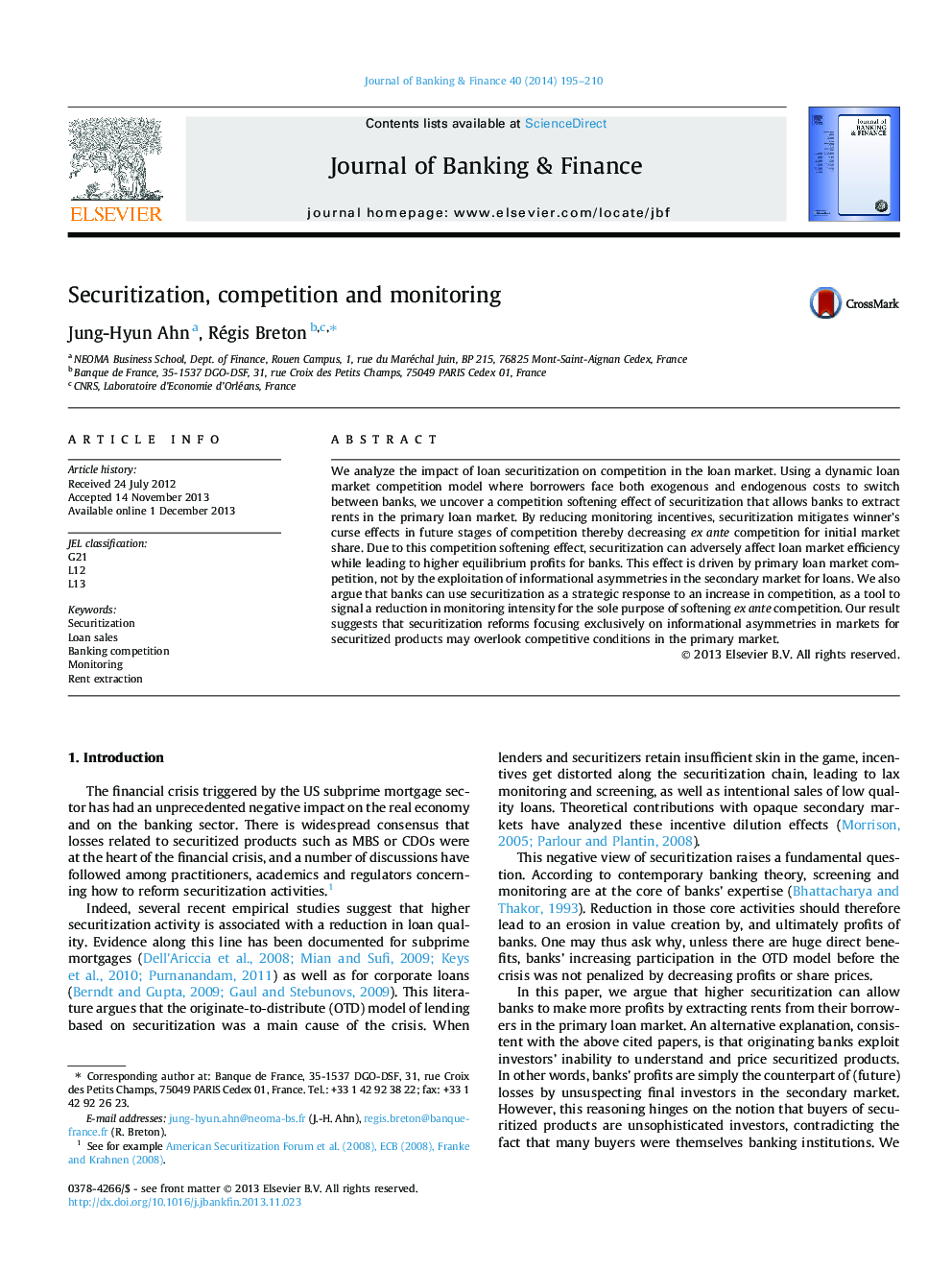 Securitization, competition and monitoring