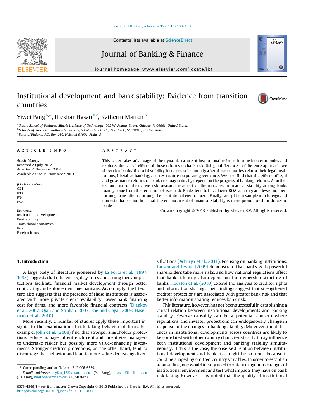 Institutional development and bank stability: Evidence from transition countries