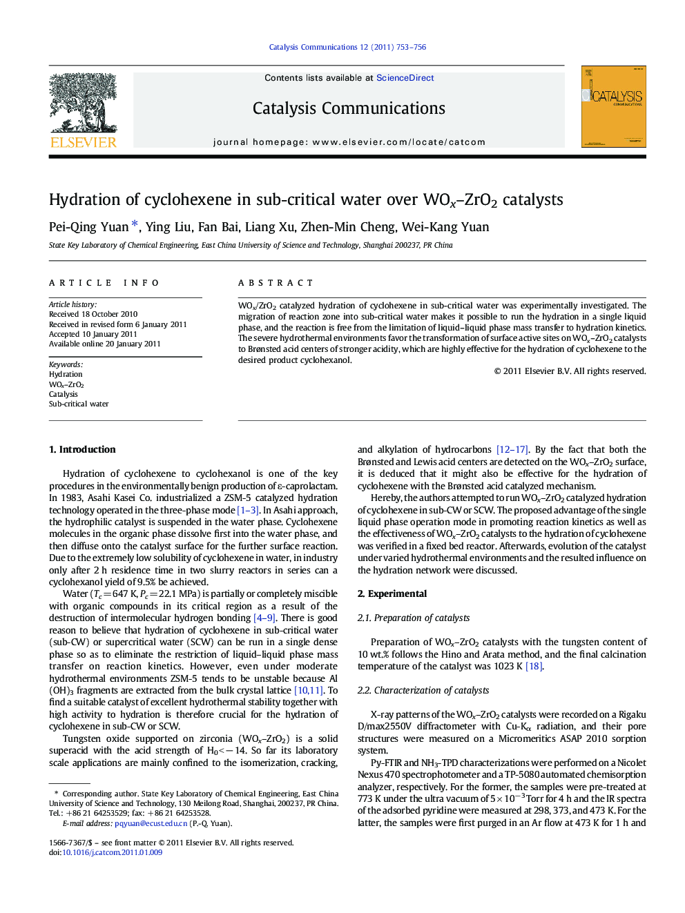 Hydration of cyclohexene in sub-critical water over WOx–ZrO2 catalysts