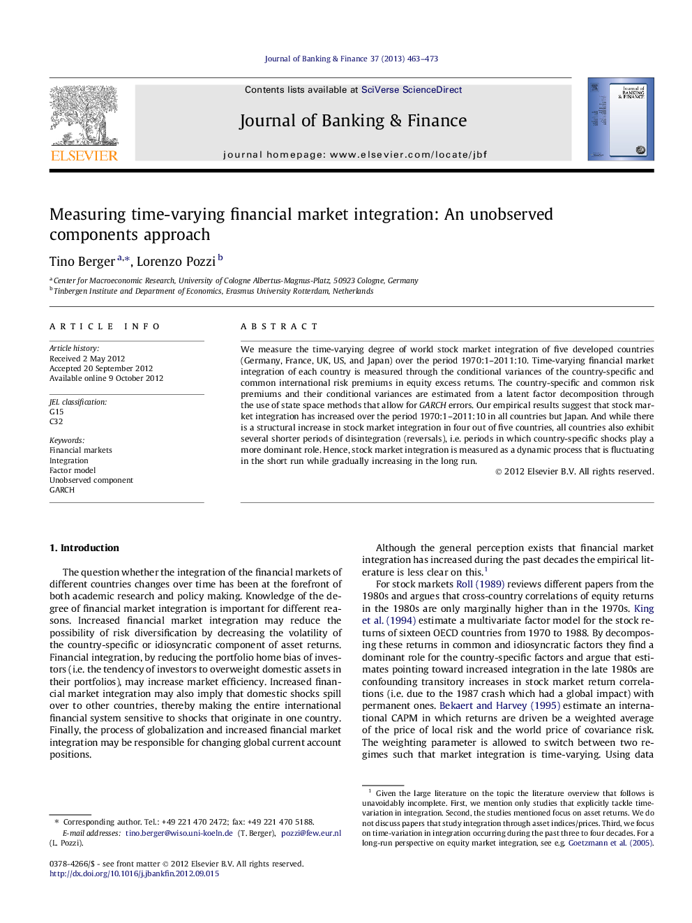 Measuring time-varying financial market integration: An unobserved components approach