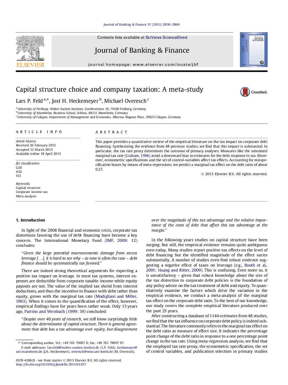 Capital structure choice and company taxation: A meta-study