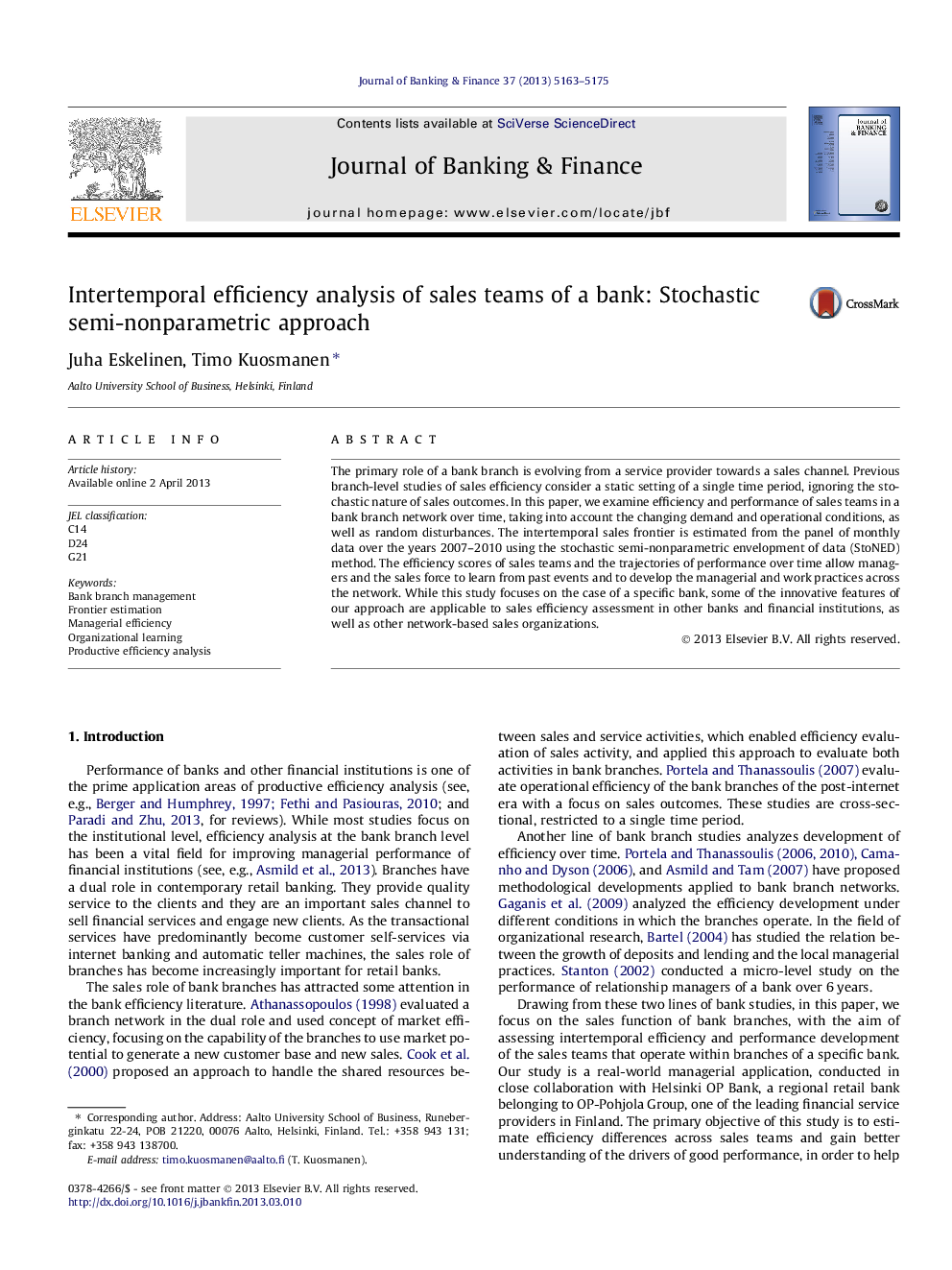 Intertemporal efficiency analysis of sales teams of a bank: Stochastic semi-nonparametric approach