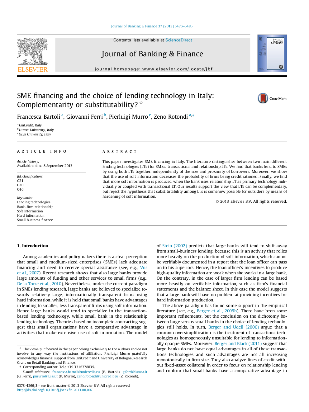 SME financing and the choice of lending technology in Italy: Complementarity or substitutability?