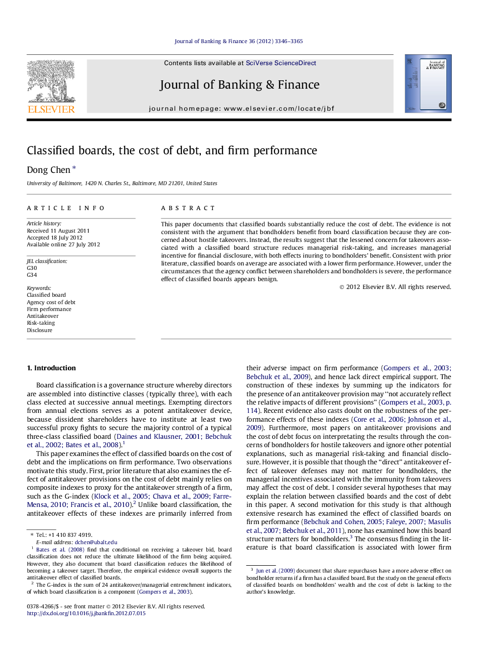 Classified boards, the cost of debt, and firm performance