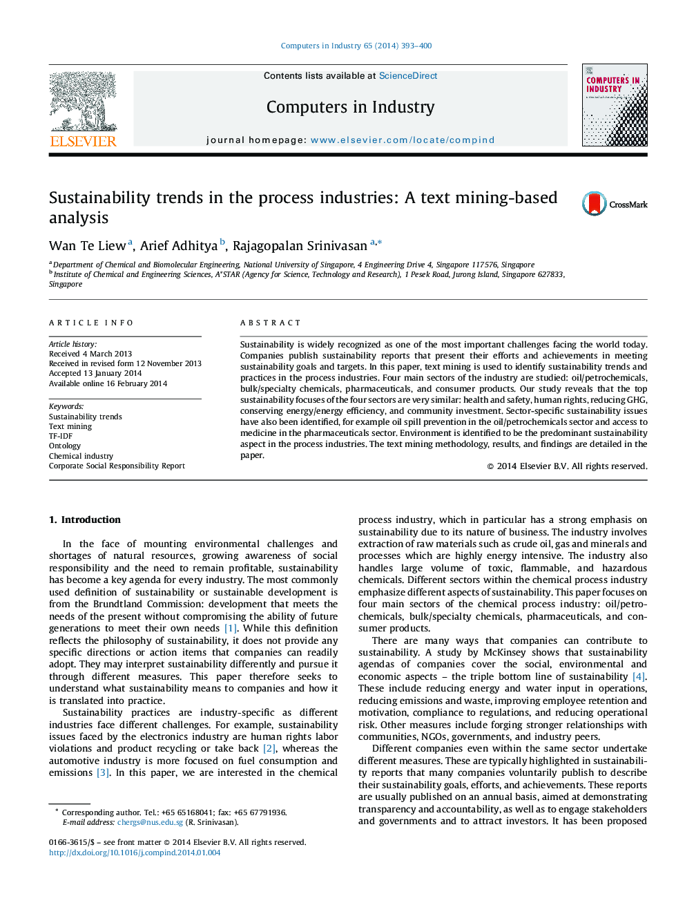 Sustainability trends in the process industries: A text mining-based analysis