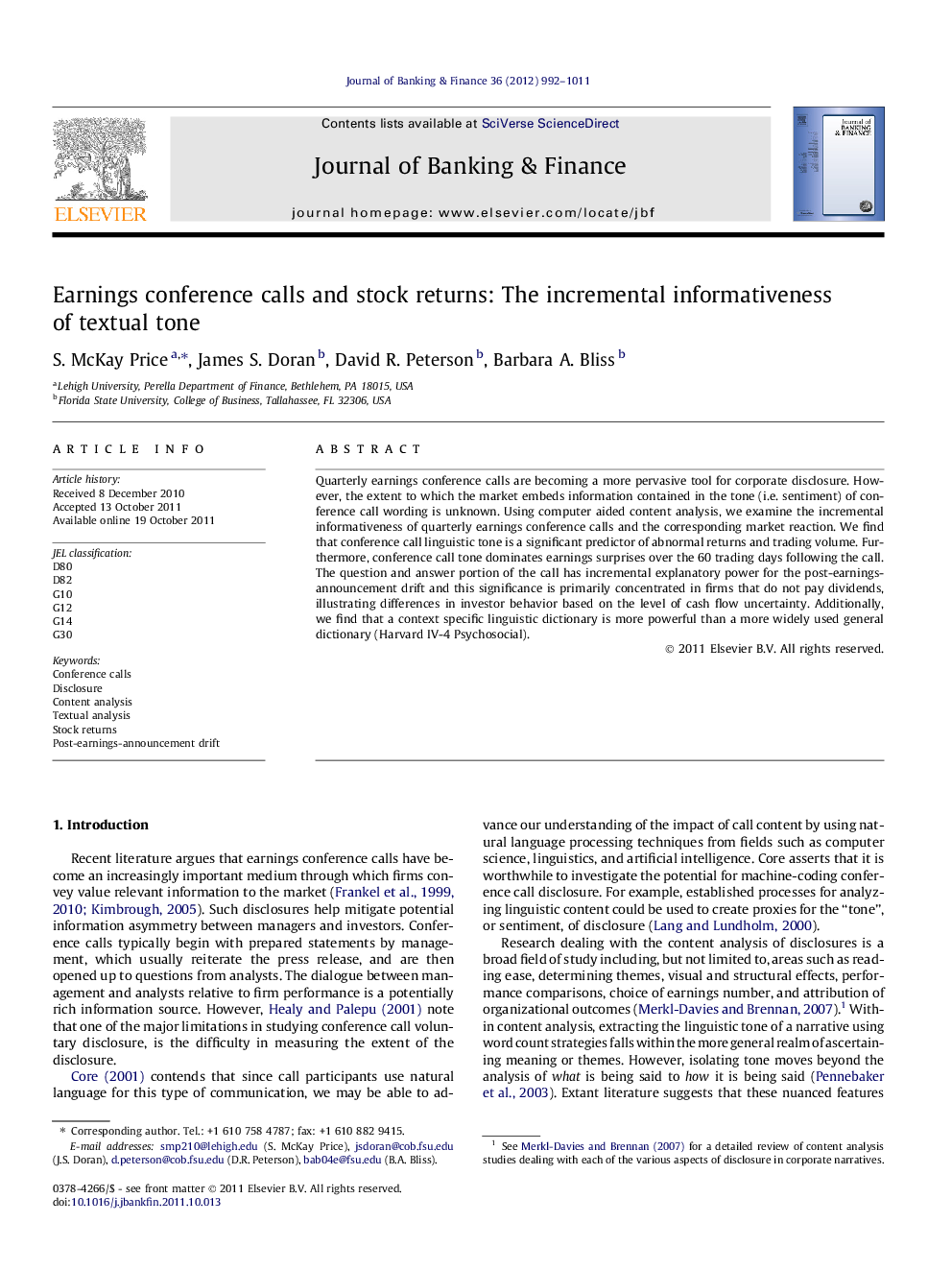 Earnings conference calls and stock returns: The incremental informativeness of textual tone