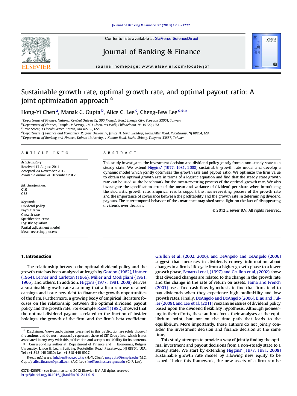 Sustainable growth rate, optimal growth rate, and optimal payout ratio: A joint optimization approach