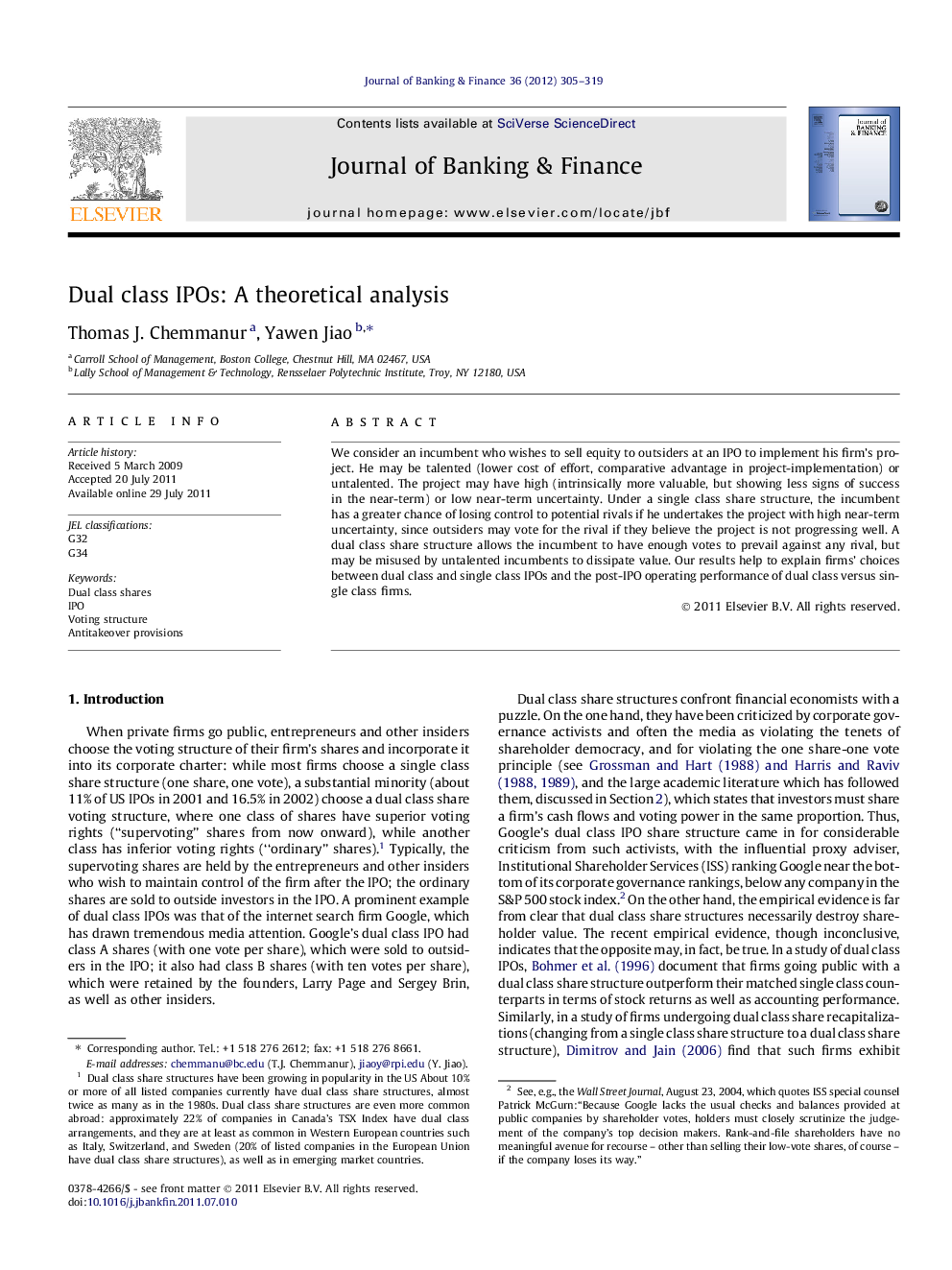 Dual class IPOs: A theoretical analysis