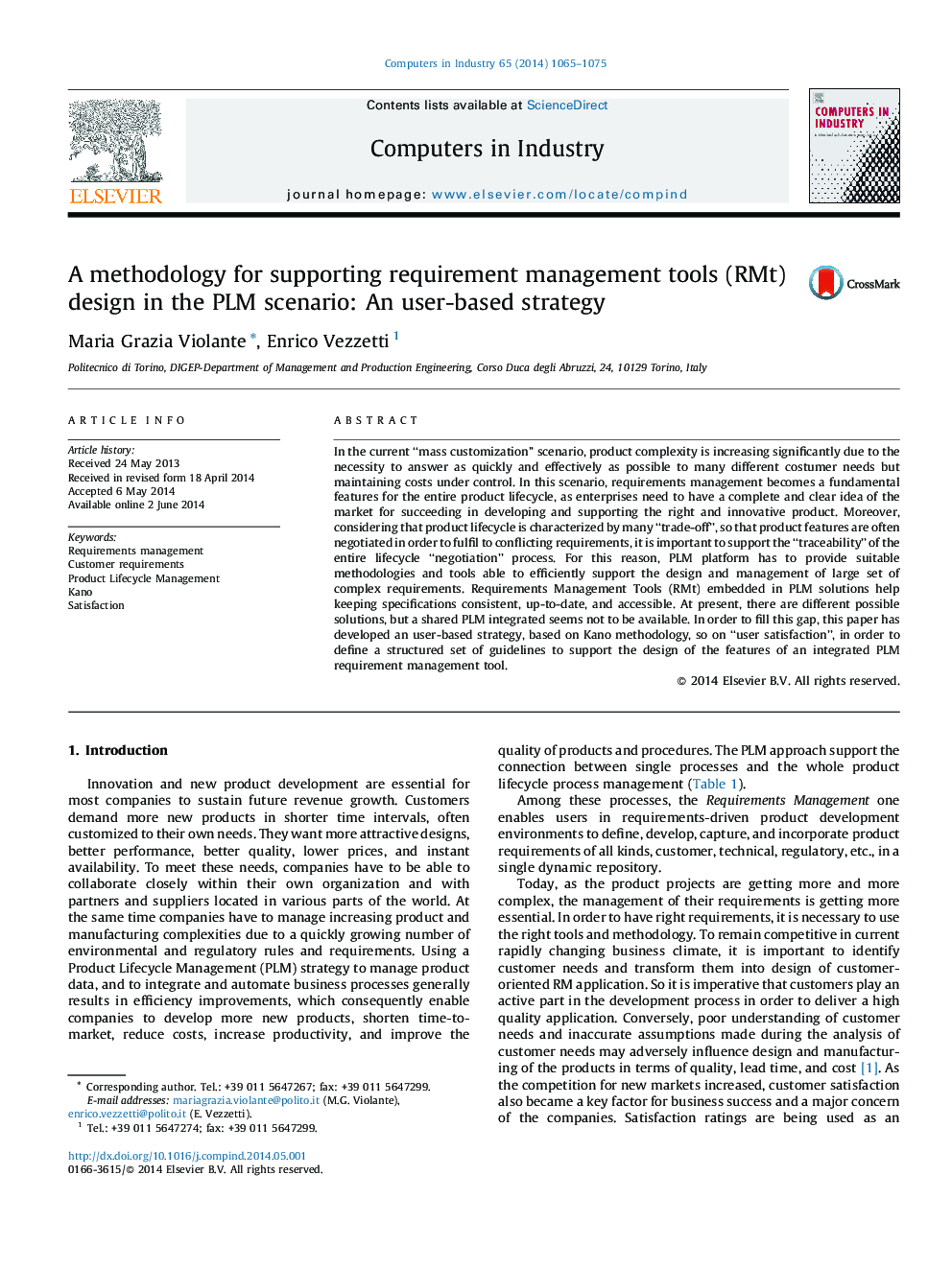 A methodology for supporting requirement management tools (RMt) design in the PLM scenario: An user-based strategy