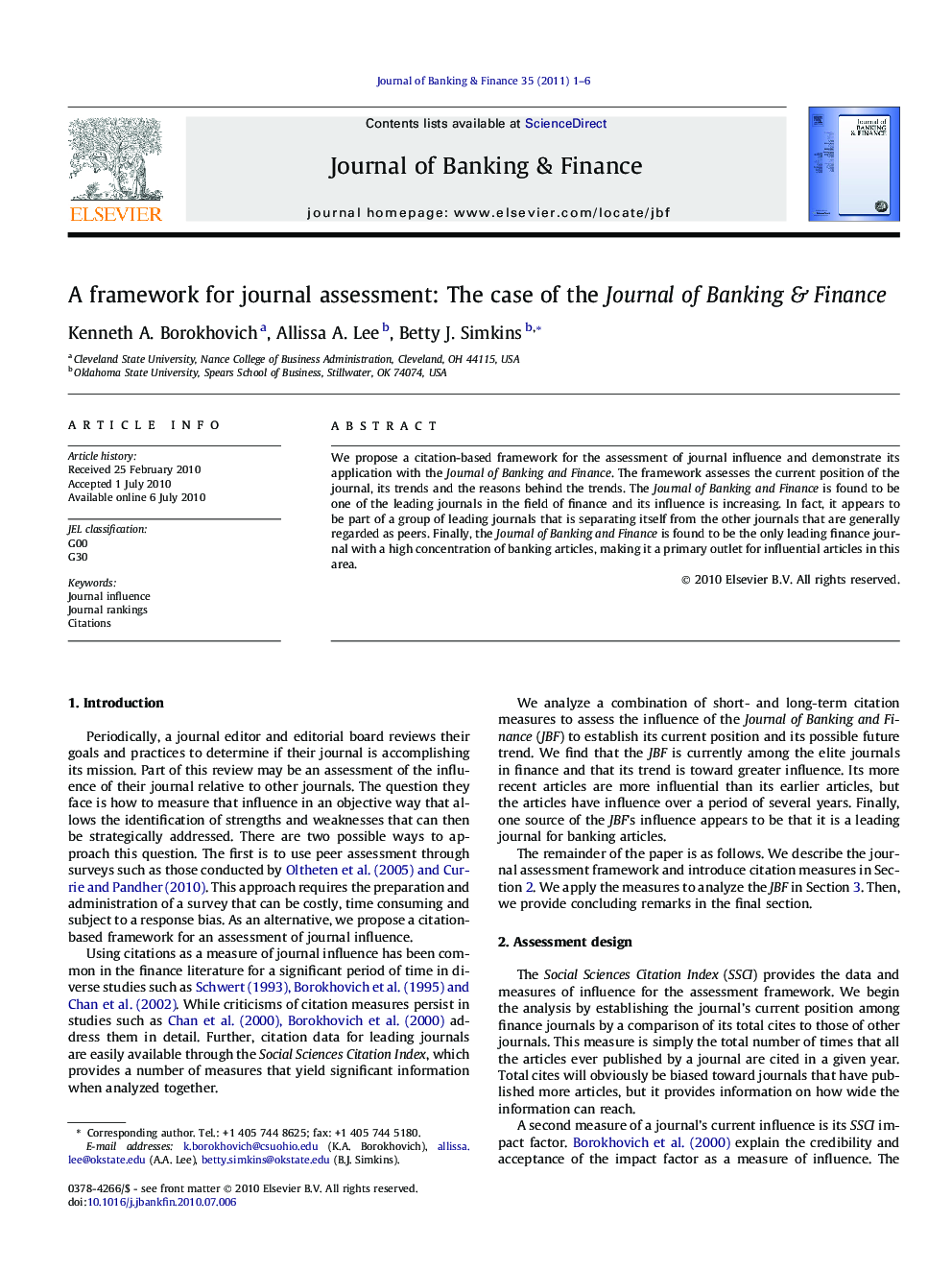 A framework for journal assessment: The case of the Journal of Banking & Finance