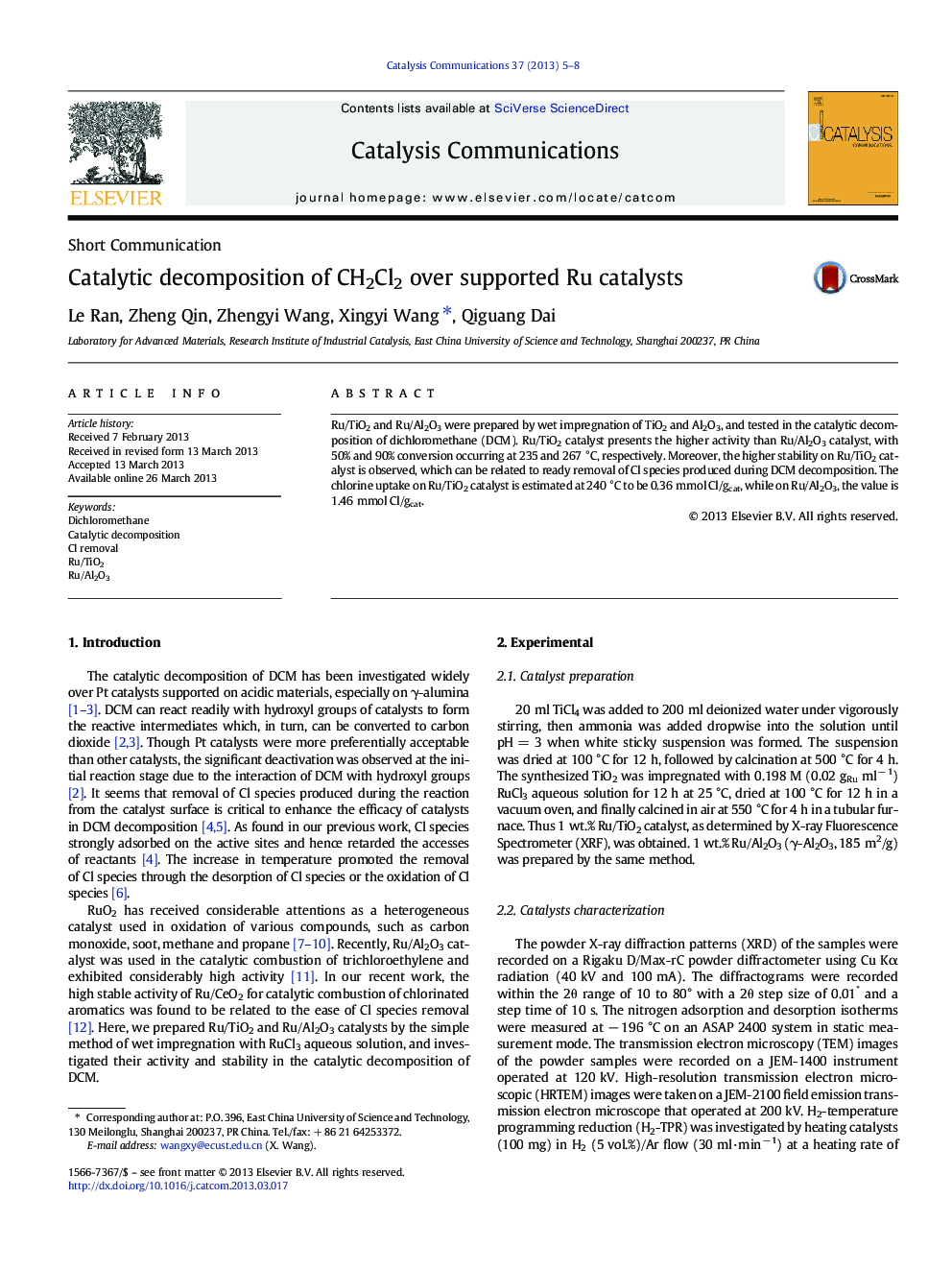 Catalytic decomposition of CH2Cl2 over supported Ru catalysts