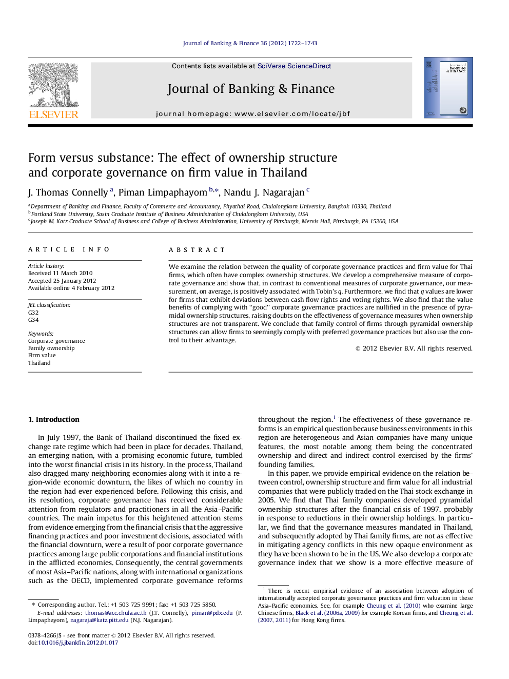 Form versus substance: The effect of ownership structure and corporate governance on firm value in Thailand