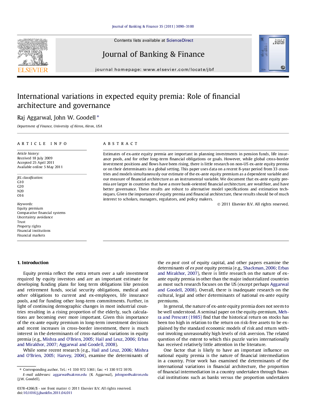 International variations in expected equity premia: Role of financial architecture and governance