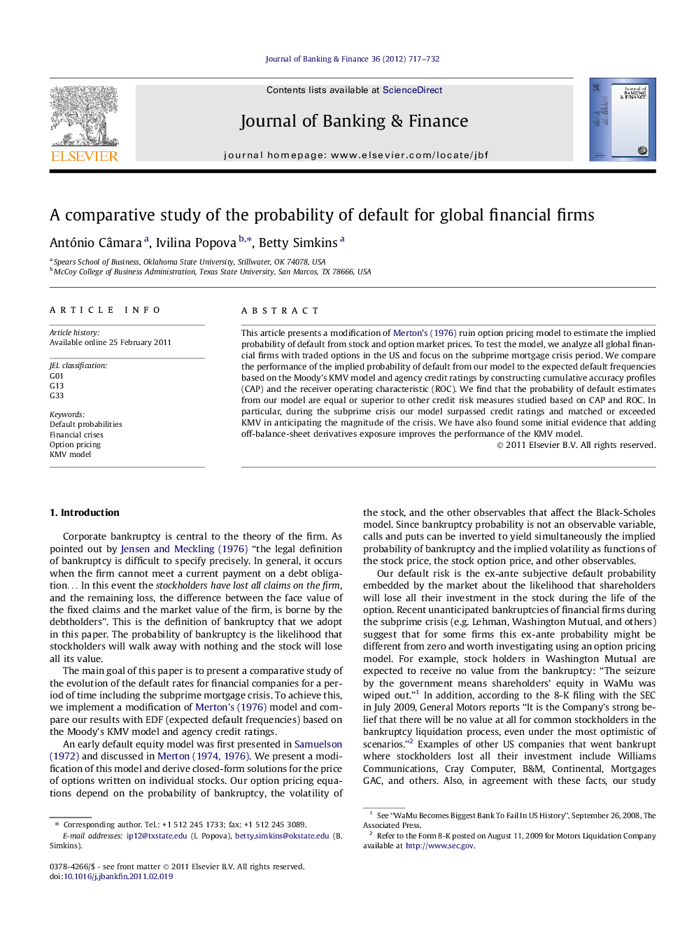 A comparative study of the probability of default for global financial firms