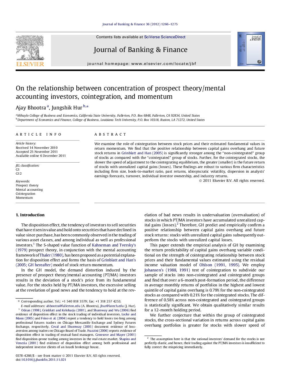 On the relationship between concentration of prospect theory/mental accounting investors, cointegration, and momentum