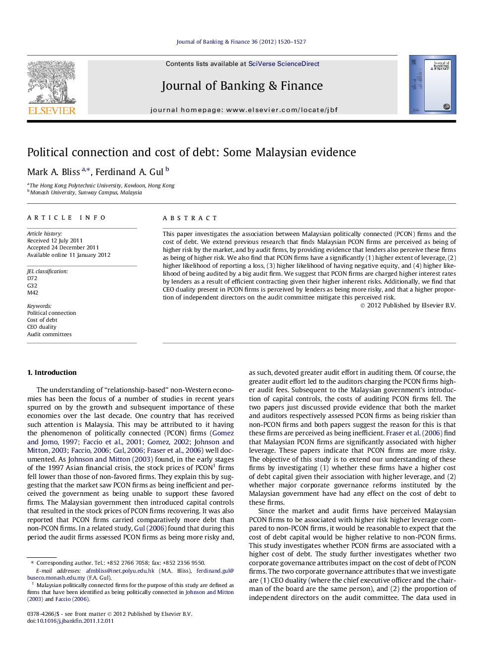 Political connection and cost of debt: Some Malaysian evidence