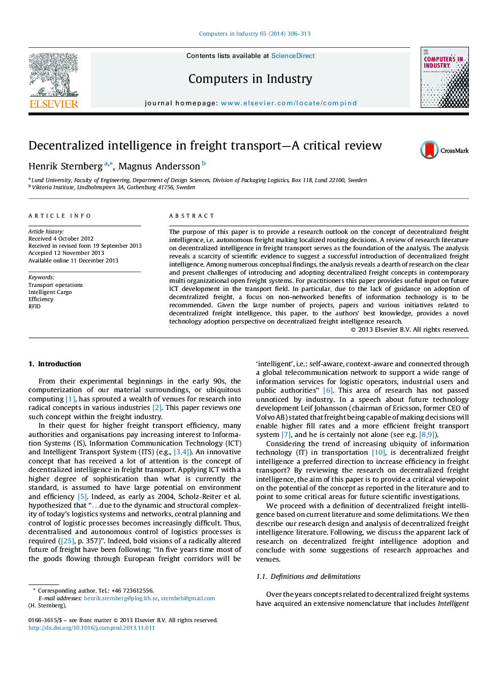 Decentralized intelligence in freight transport—A critical review