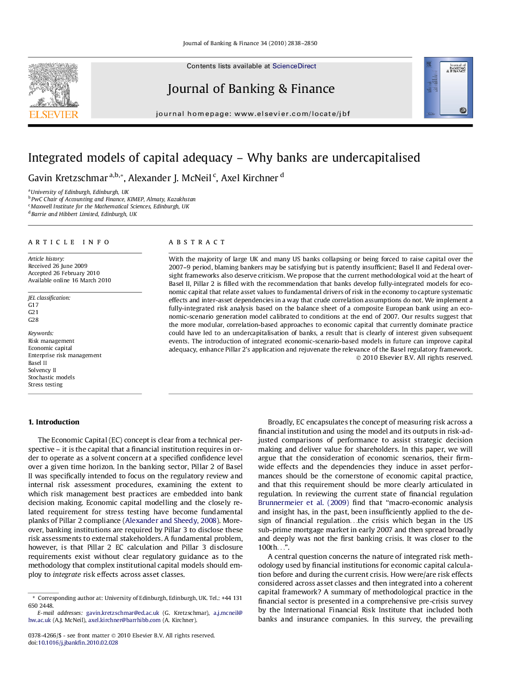 Integrated models of capital adequacy - Why banks are undercapitalised