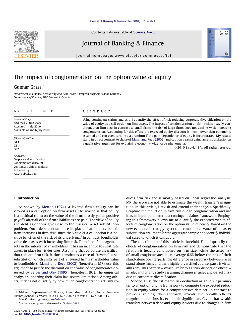 The impact of conglomeration on the option value of equity