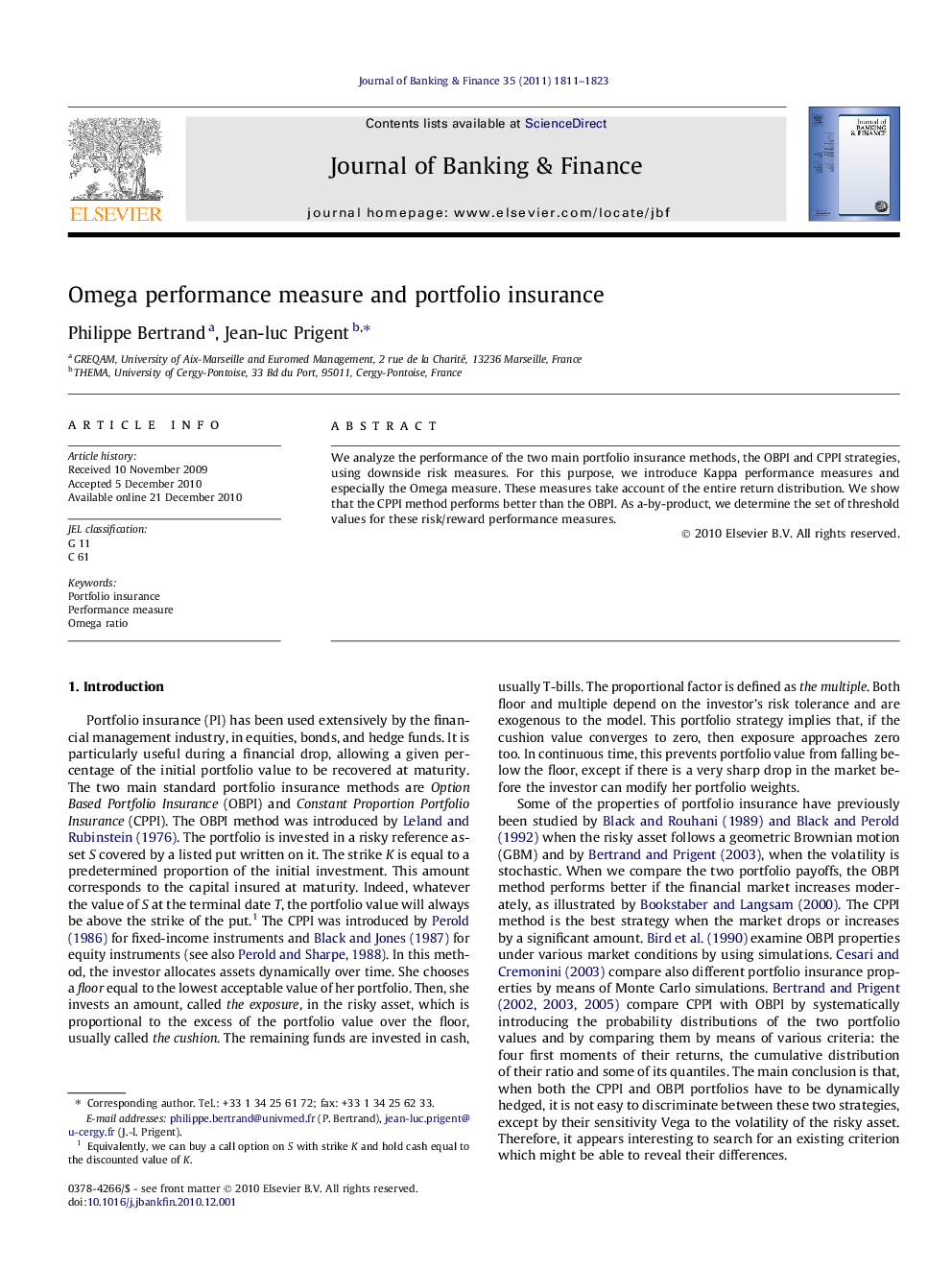 Omega performance measure and portfolio insurance