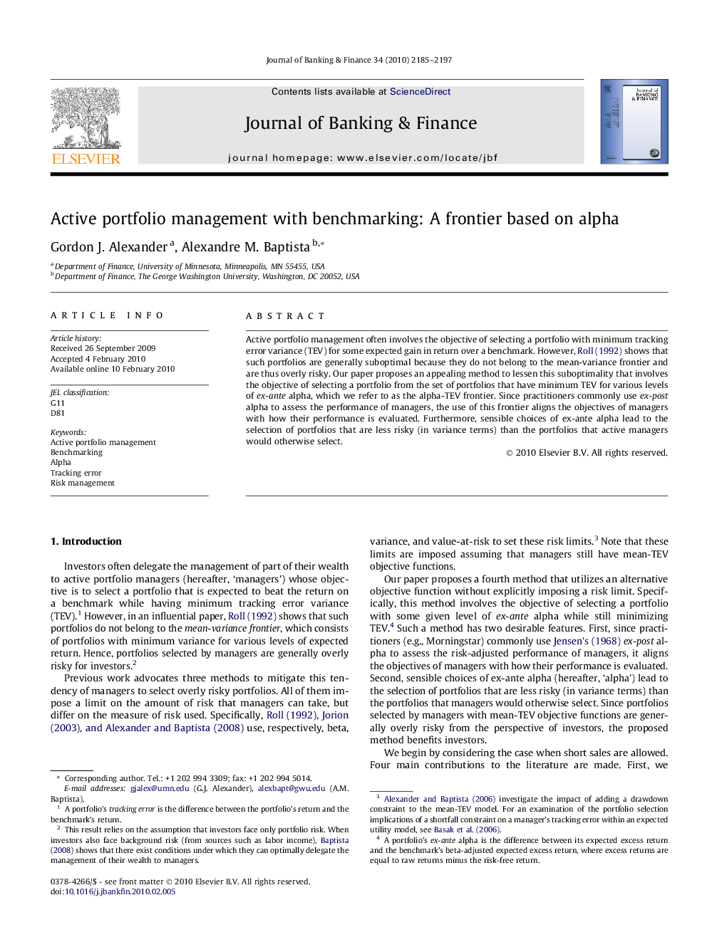 Active portfolio management with benchmarking: A frontier based on alpha