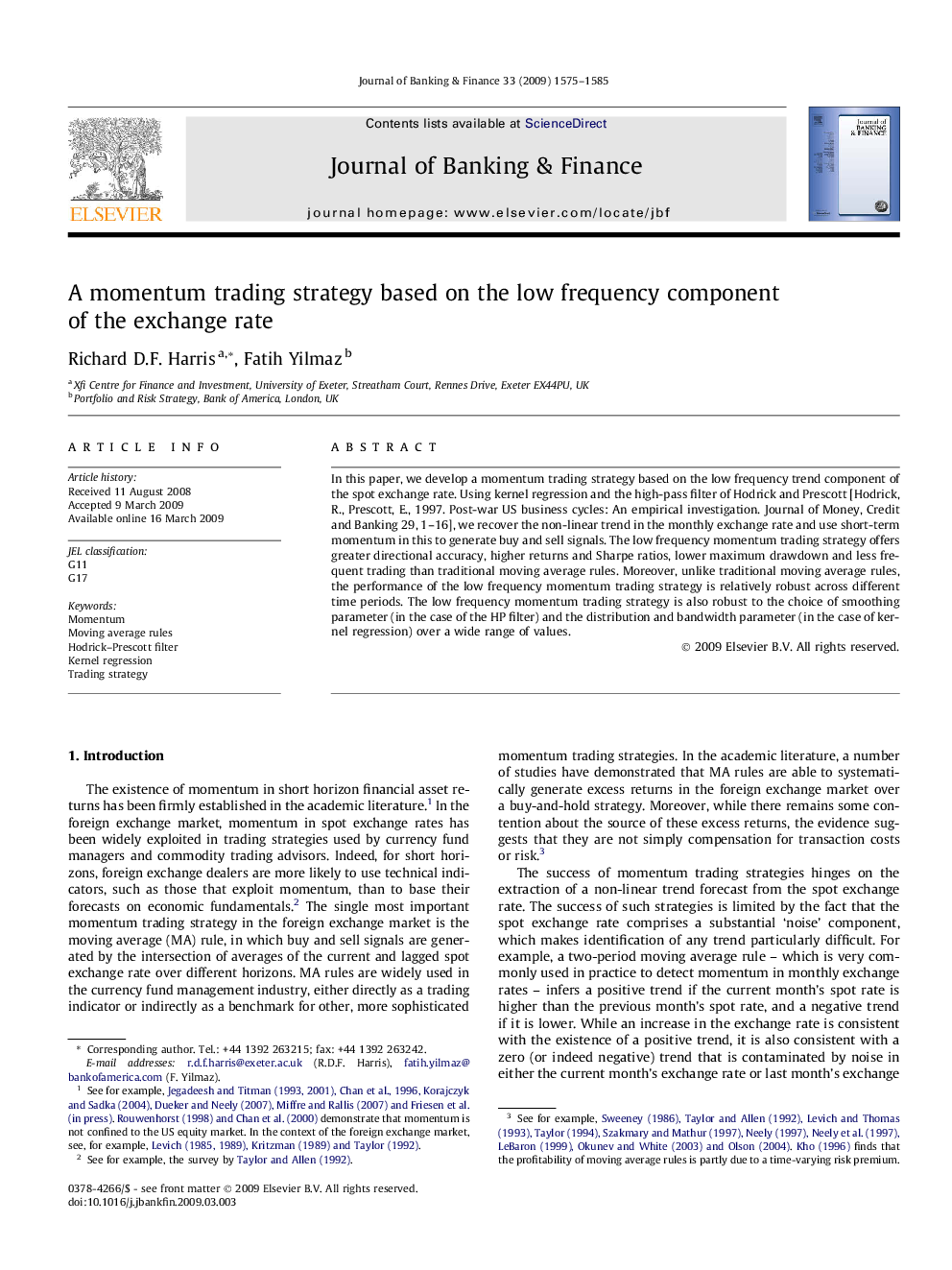 A momentum trading strategy based on the low frequency component of the exchange rate