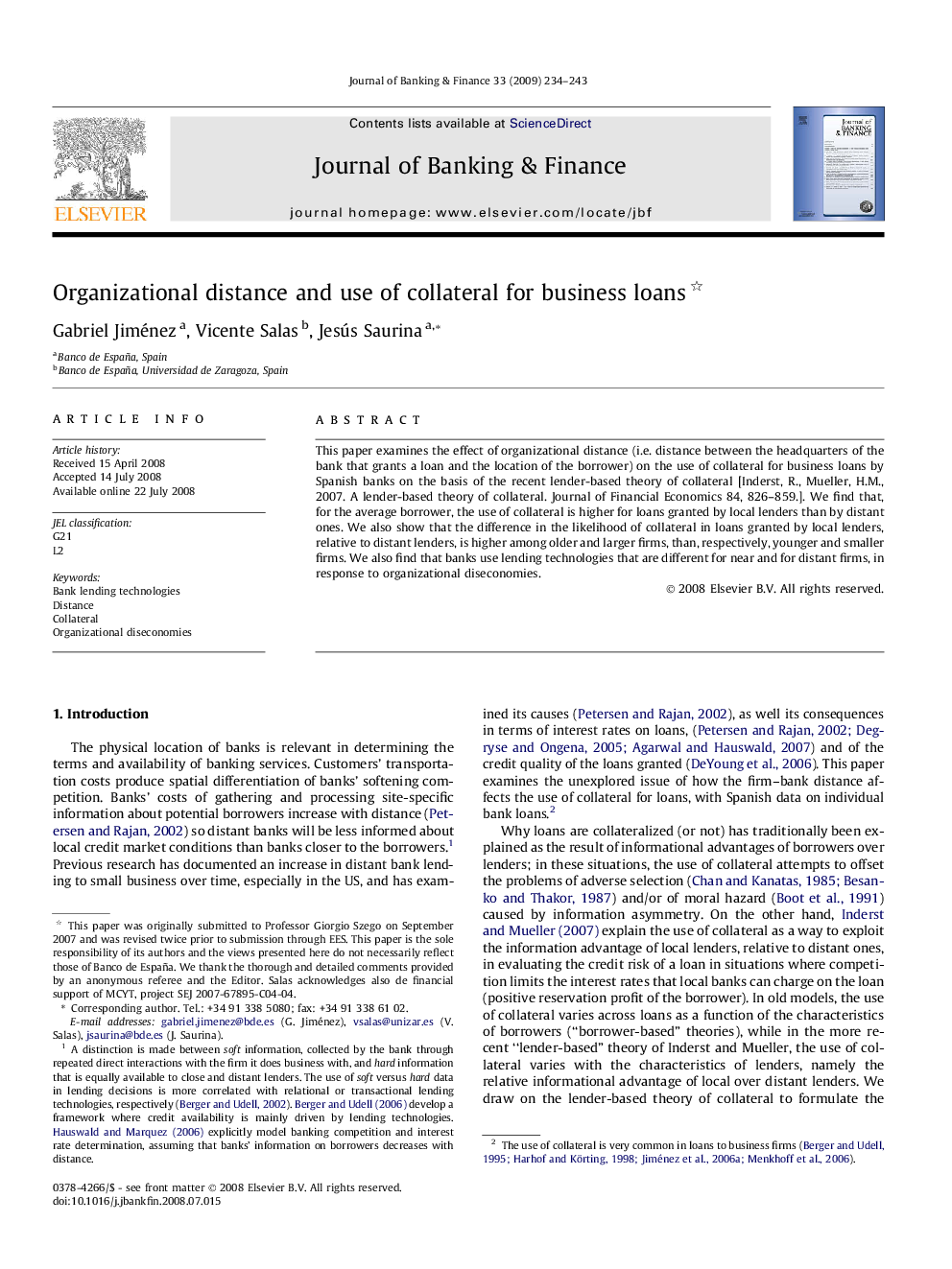 Organizational distance and use of collateral for business loans