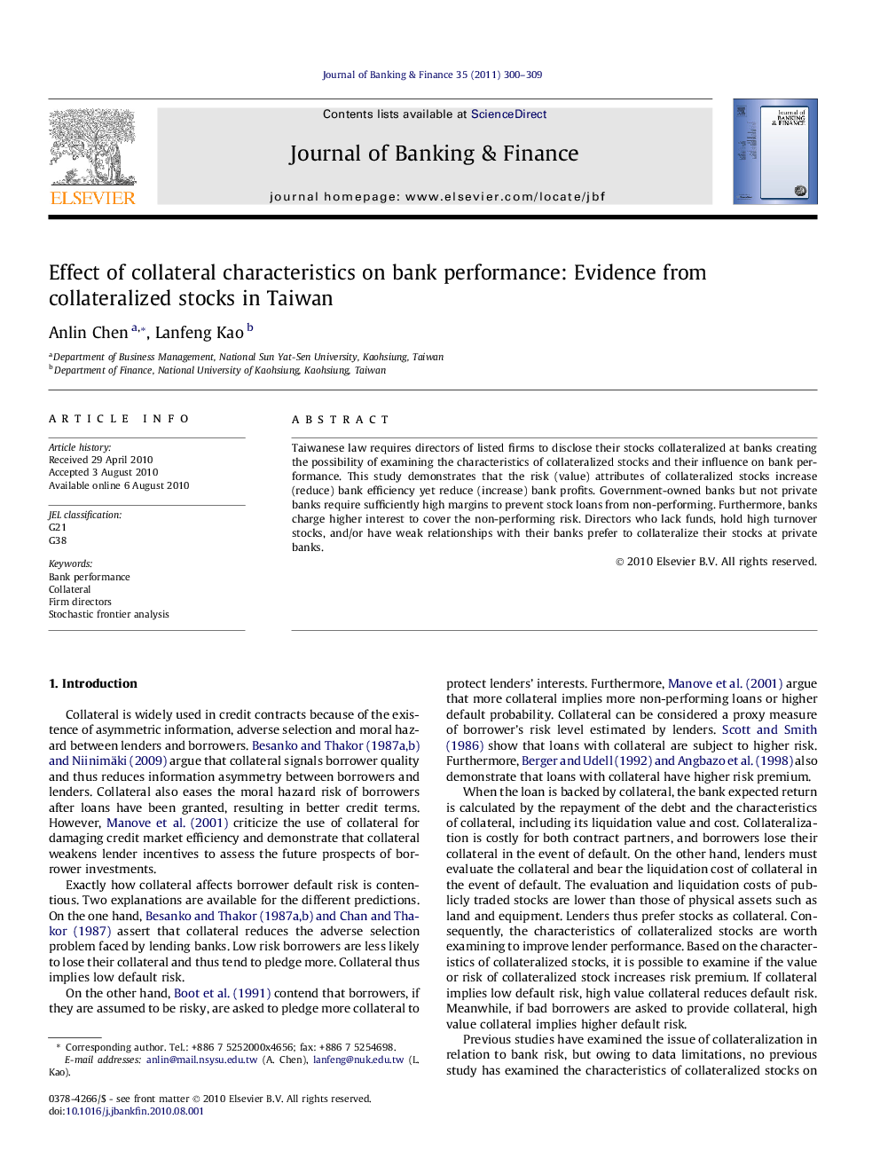 Effect of collateral characteristics on bank performance: Evidence from collateralized stocks in Taiwan