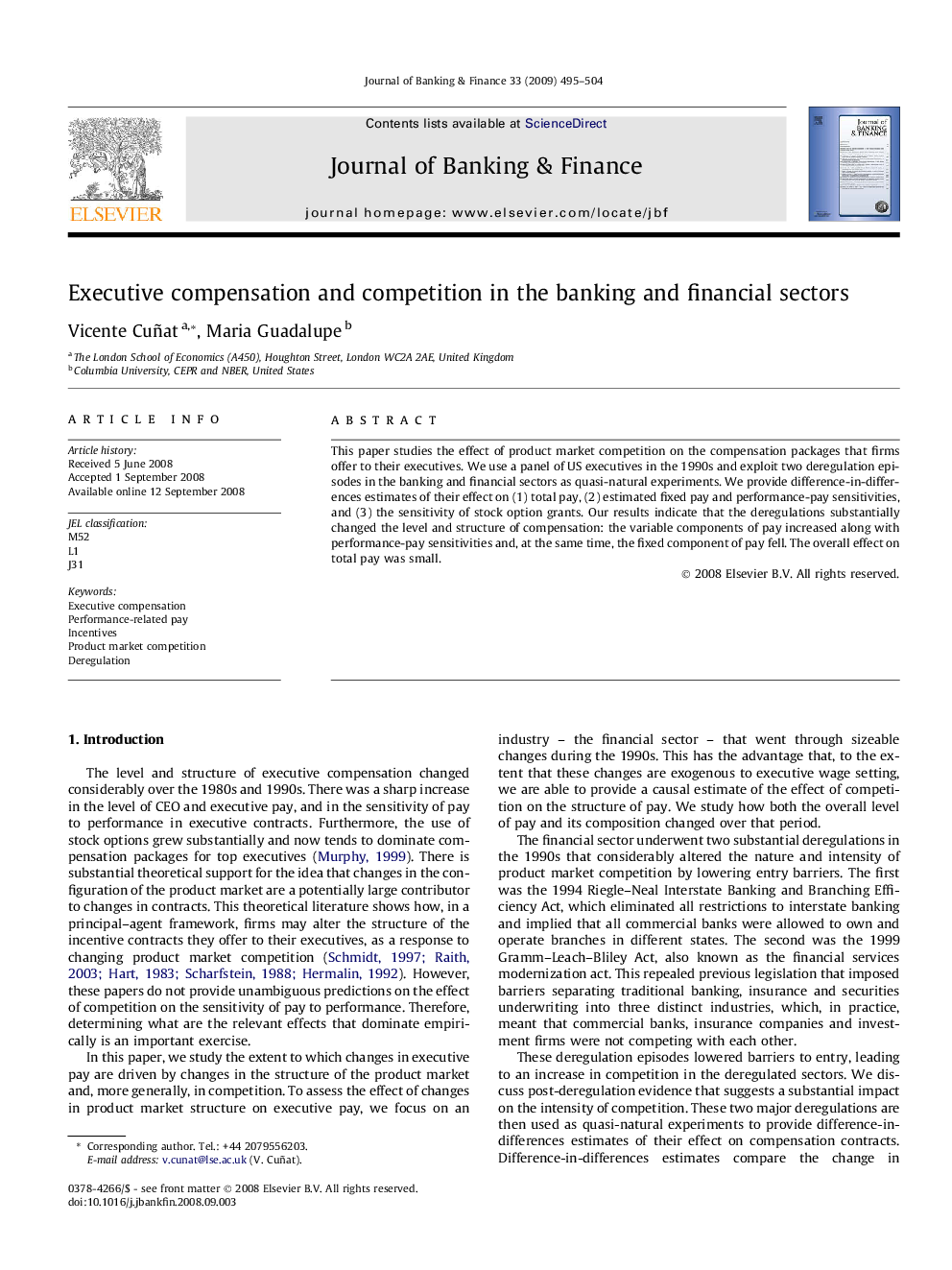 Executive compensation and competition in the banking and financial sectors