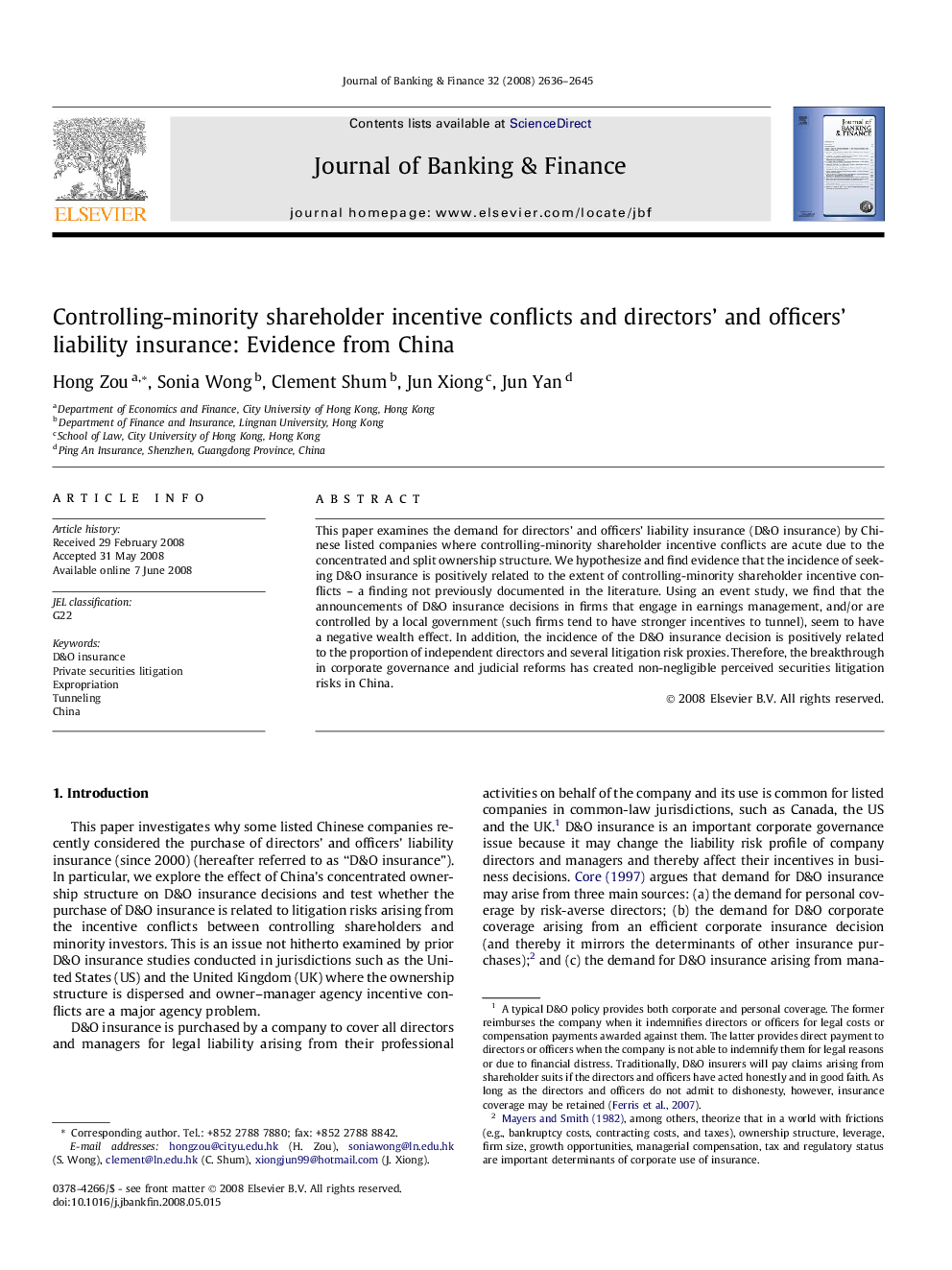 Controlling-minority shareholder incentive conflicts and directors' and officers' liability insurance: Evidence from China