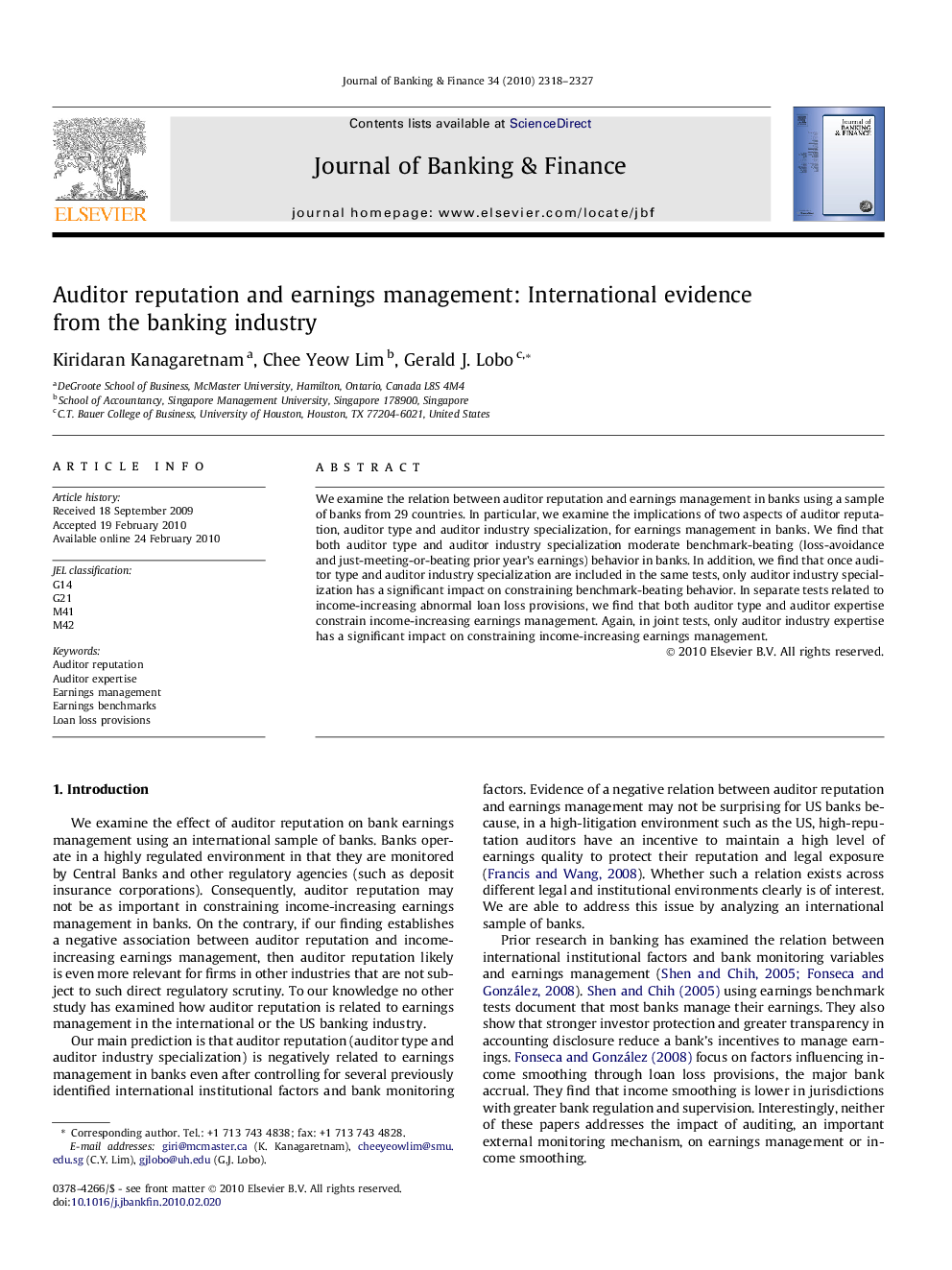 Auditor reputation and earnings management: International evidence from the banking industry