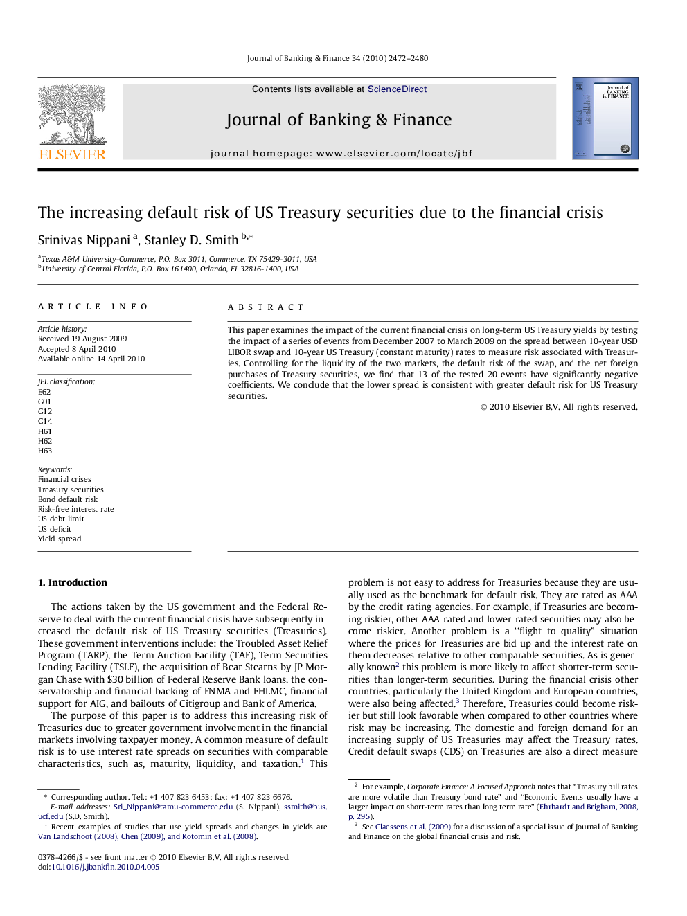 The increasing default risk of US Treasury securities due to the financial crisis